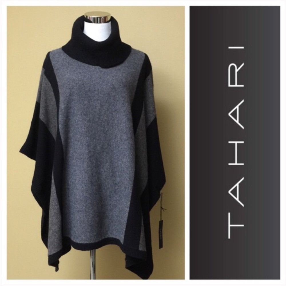 NWT! Tahari Black & Grey Striped Poncho Sweater